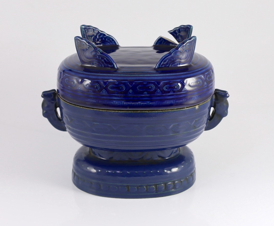 A Chinese Imperial blue glazed ritual offering vessel and cover, gui, moulded Qianlong seal mark and of the period (1736-95)